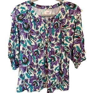 Xirena Womens Size S Floral Top White‎ Purple Green Puff Sleeve Feminine